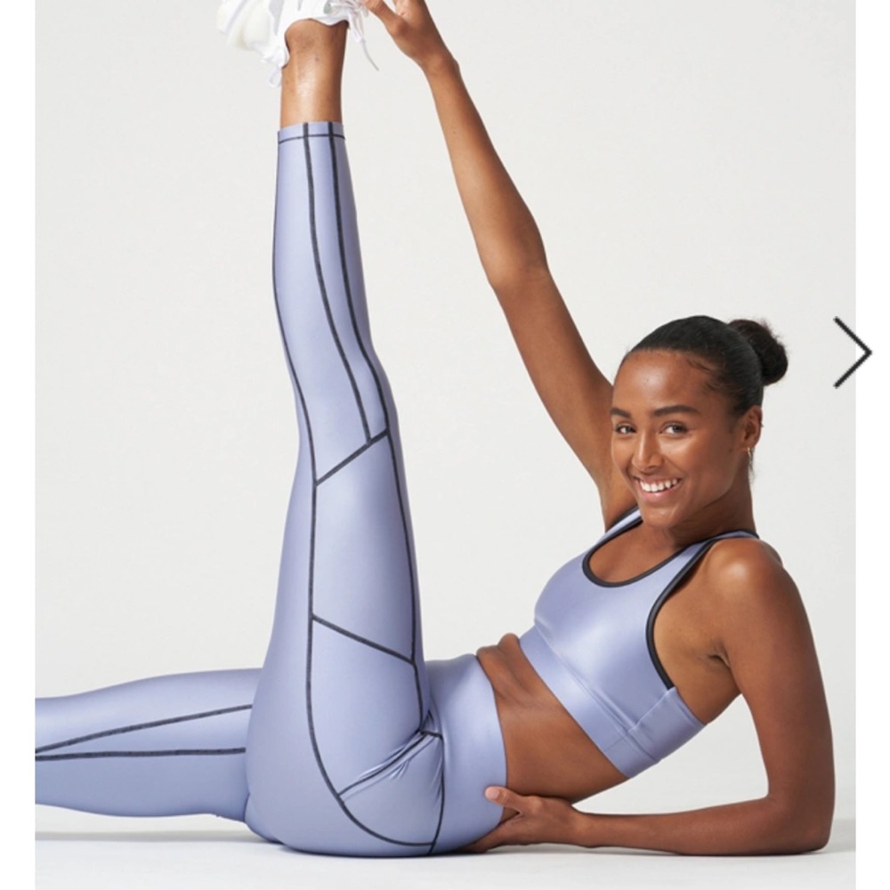 All Access Peri Shine Blue Leggings and Sports Bra with Black Stitching - Size L